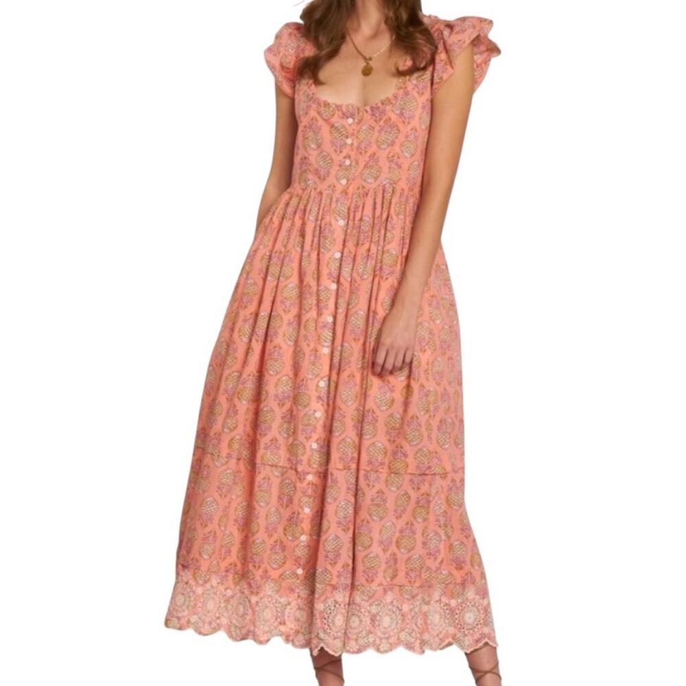 NWT dRA Milkmaid Dress S Floral Pineapple Coral Button Front Eyelet Scalloped